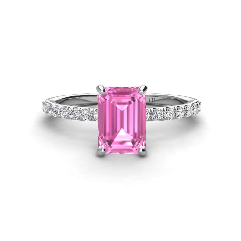 Charlotte Desire 8x6 mm Emerald Cut Pink Sapphire and Round Diamond Hidden Halo Engagement Ring 