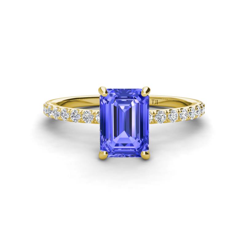 Charlotte Desire 8x6 mm Emerald Cut Tanzanite and Round Diamond Hidden Halo Engagement Ring 