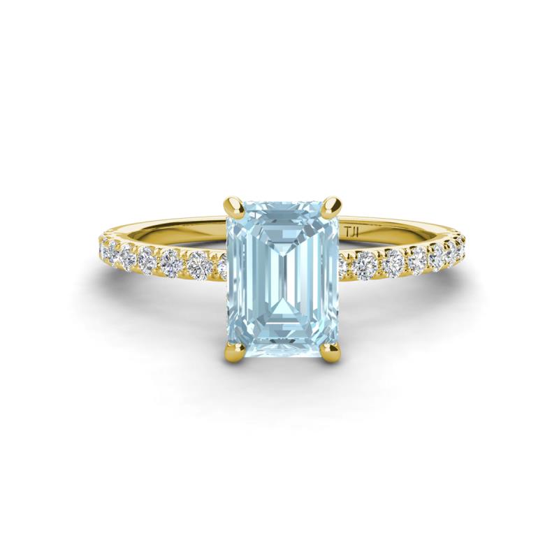 Charlotte Desire 8x6 mm Emerald Cut Aquamarine and Round Diamond Hidden Halo Engagement Ring 