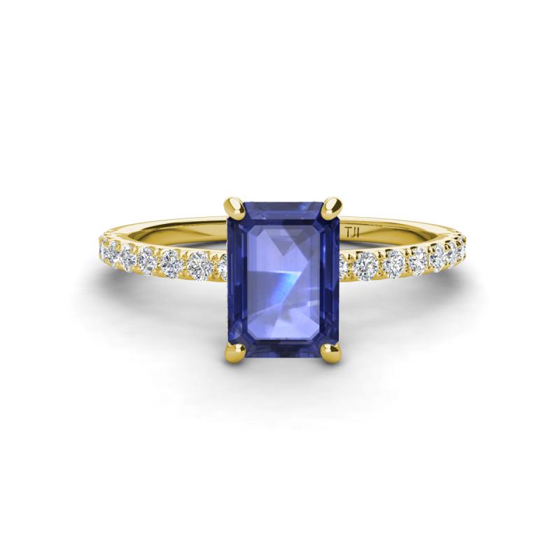 Charlotte Desire 8x6 mm Emerald Cut Iolite and Round Diamond Hidden Halo Engagement Ring 