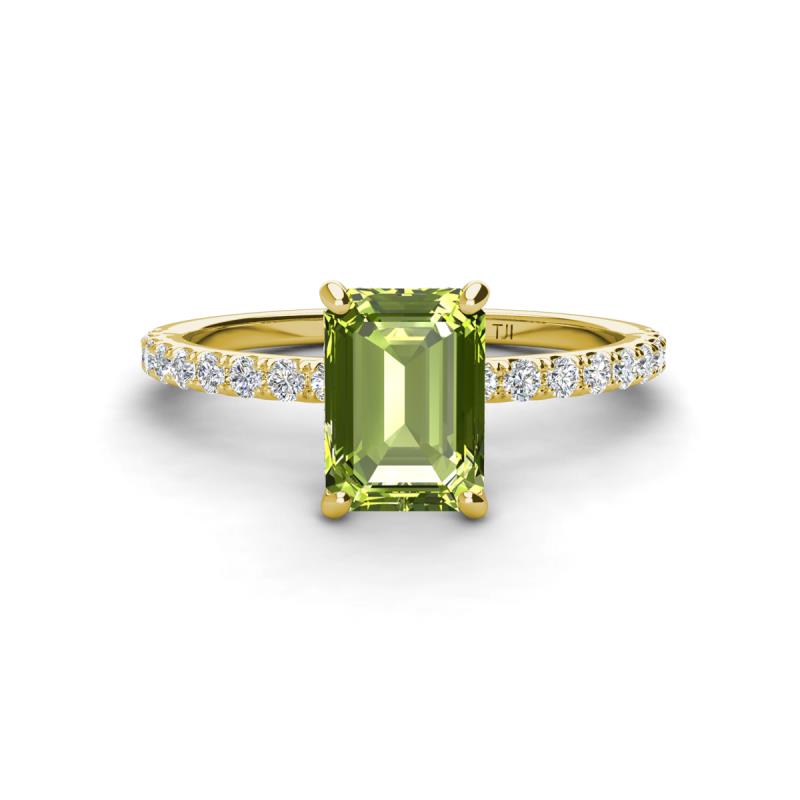 Charlotte Desire 8x6 mm Emerald Cut Peridot and Round Diamond Hidden Halo Engagement Ring 