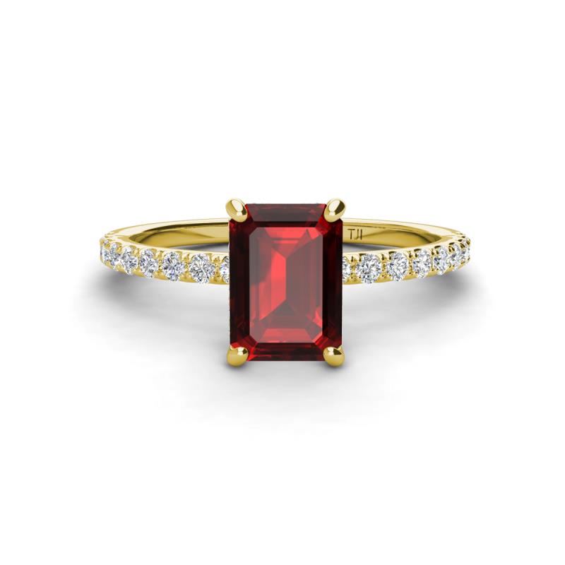 Charlotte Desire 8x6 mm Emerald Cut Red Garnet and Round Diamond Hidden Halo Engagement Ring 