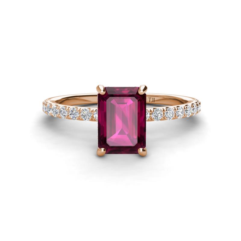 Charlotte Desire 8x6 mm Emerald Cut Rhodolite Garnet and Round Diamond Hidden Halo Engagement Ring 