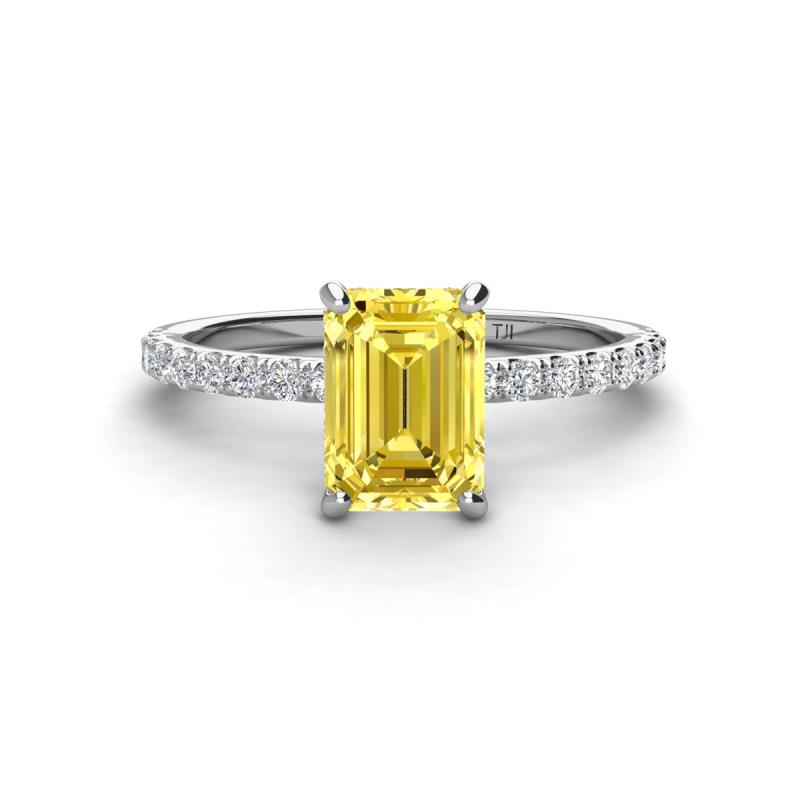 Charlotte Desire 8x6 mm Emerald Cut Yellow Sapphire and Round Diamond Hidden Halo Engagement Ring 