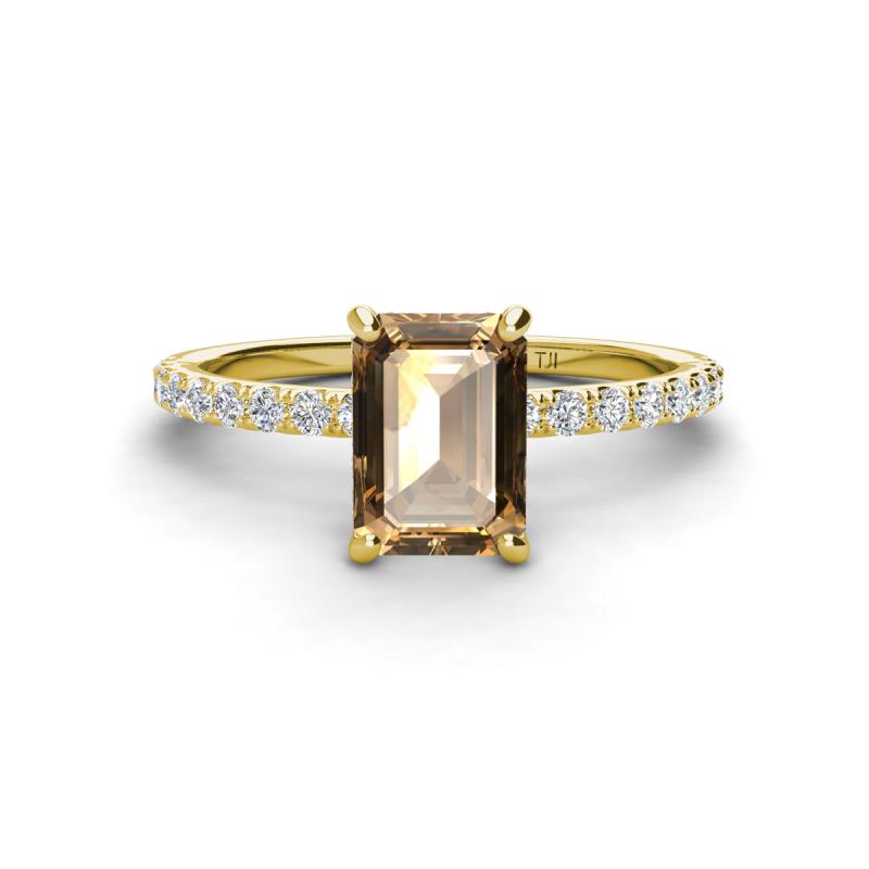 Charlotte Desire 8x6 mm Emerald Cut Smoky Quartz and Round Diamond Hidden Halo Engagement Ring 