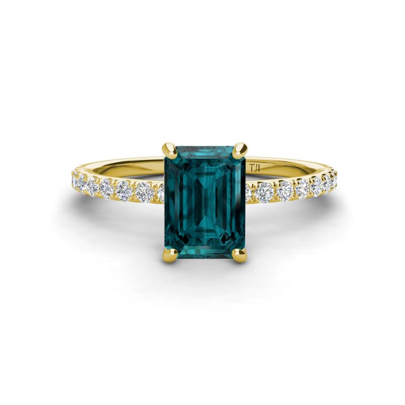 Charlotte Desire 8x6 mm Emerald Cut London Blue Topaz and Round Diamond Hidden Halo Engagement Ring 