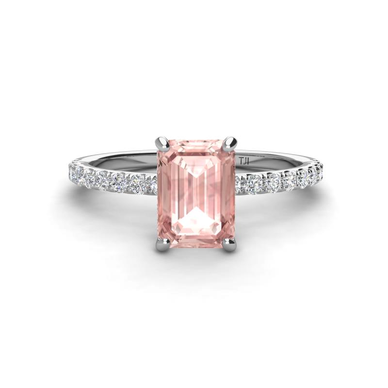 Charlotte Desire 8x6 mm Emerald Cut Morganite and Round Diamond Hidden Halo Engagement Ring 
