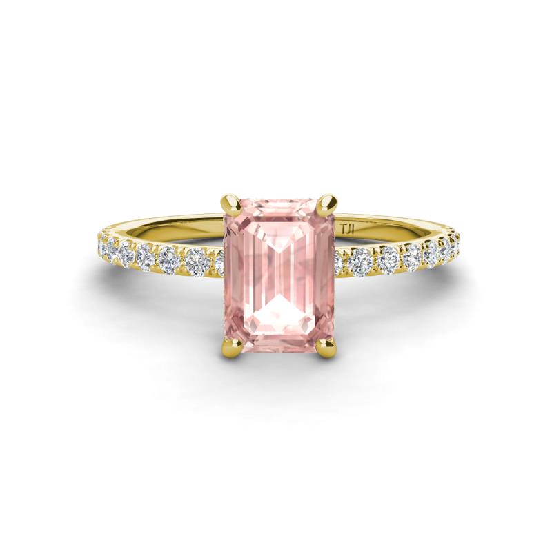 Charlotte Desire 8x6 mm Emerald Cut Morganite and Round Diamond Hidden Halo Engagement Ring 