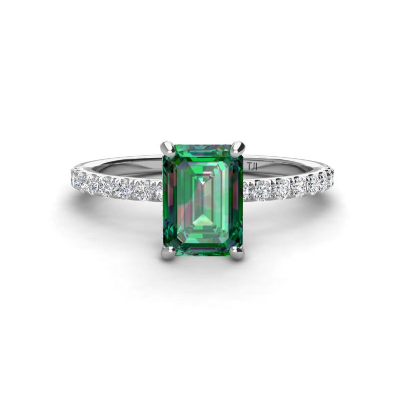 Charlotte Desire 8x6 mm Emerald Cut Lab Created Alexandrite and Round Diamond Hidden Halo Engagement Ring 