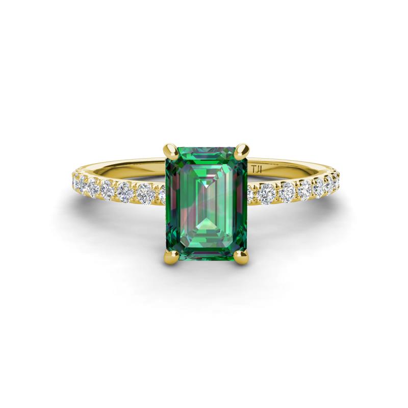 Charlotte Desire 8x6 mm Emerald Cut Lab Created Alexandrite and Round Diamond Hidden Halo Engagement Ring 