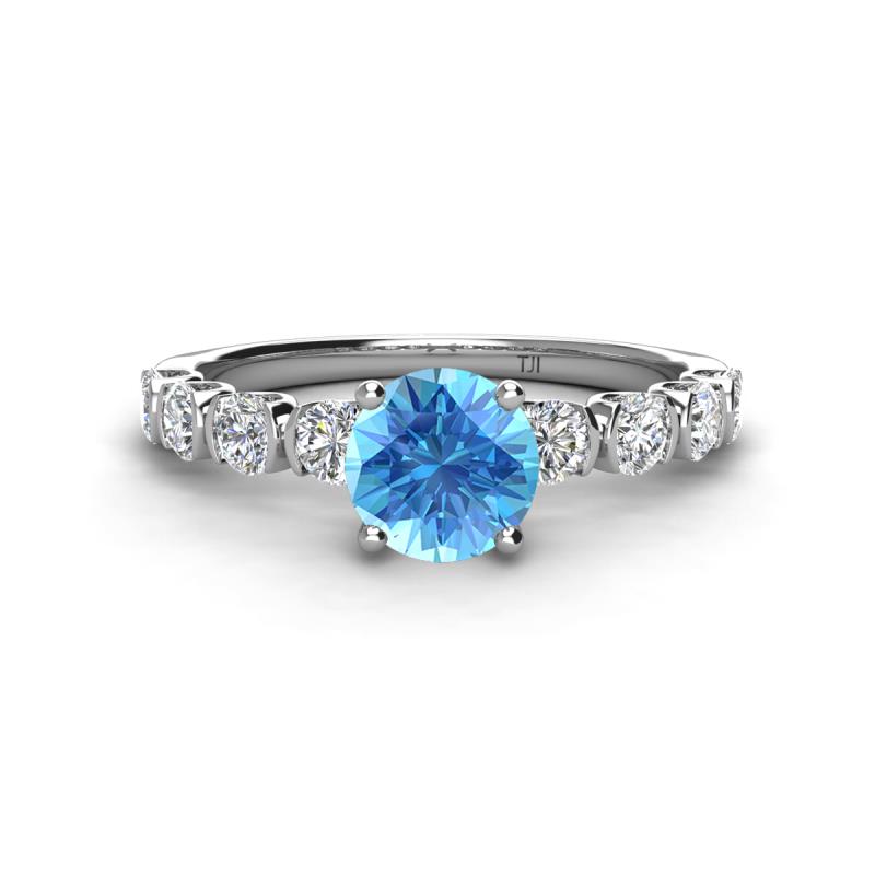 Julian Desire 6.50 mm Round Blue Topaz and Bezel Set Diamond Engagement Ring 
