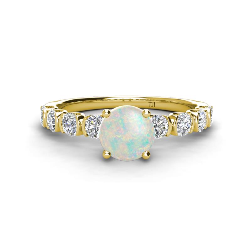 Julian Desire 6.00 mm Round Opal and Bezel Set Diamond Engagement Ring 