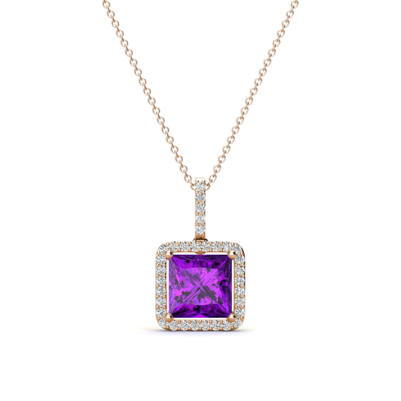 Charlene 6.50 mm Princess Cut Amethyst and Round Diamond Halo Pendant Necklace 
