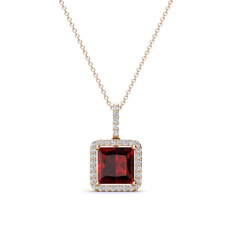 Charlene 6.50 mm Princess Cut Red Garnet and Round Diamond Halo Pendant Necklace 