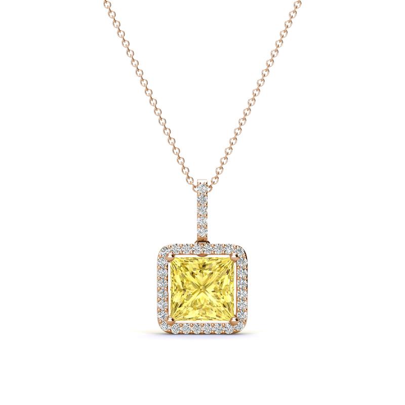 Charlene 6.50 mm Princess Cut Lab Created Yellow Sapphire and Round Diamond Halo Pendant Necklace 