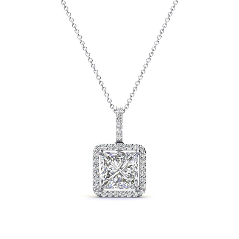 6.50 mm Princess Cut Forever Brilliant Moissanite and Round Diamond Halo  Pendant Necklace