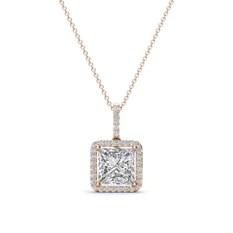 Charlene 6.50 mm Princess Cut Forever Brilliant Moissanite and Round Diamond Halo Pendant Necklace 