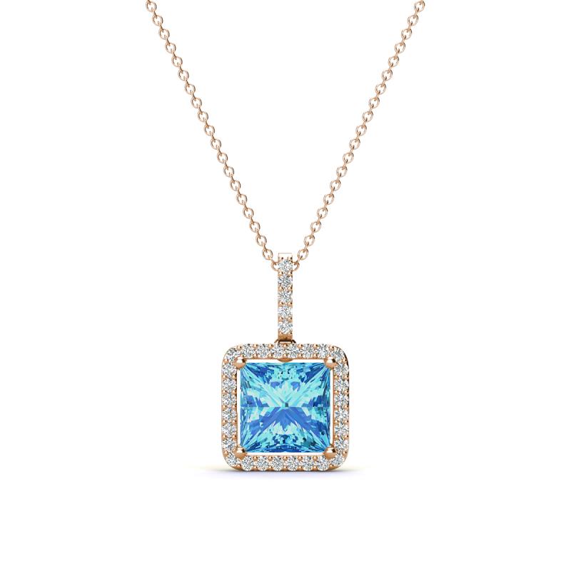 Charlene 6.50 mm Princess Cut Blue Topaz and Round Diamond Halo Pendant Necklace 