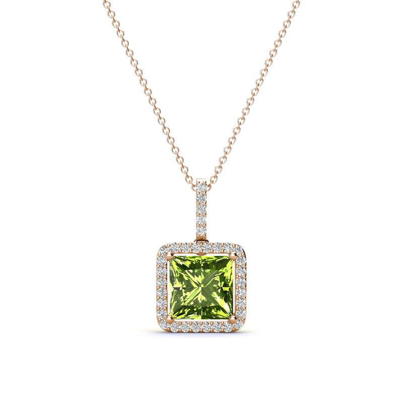 Charlene 6.50 mm Princess Cut Peridot and Round Diamond Halo Pendant Necklace 