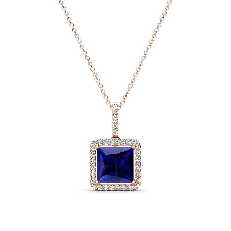 Charlene 6.50 mm Princess Cut Created Blue Sapphire and Round Diamond Halo Pendant Necklace 