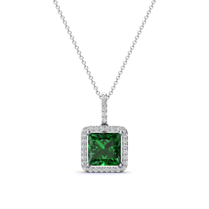 Charlene 6.50 mm Princess Cut Lab Created Created Emerald and Round Diamond Halo Pendant Necklace 