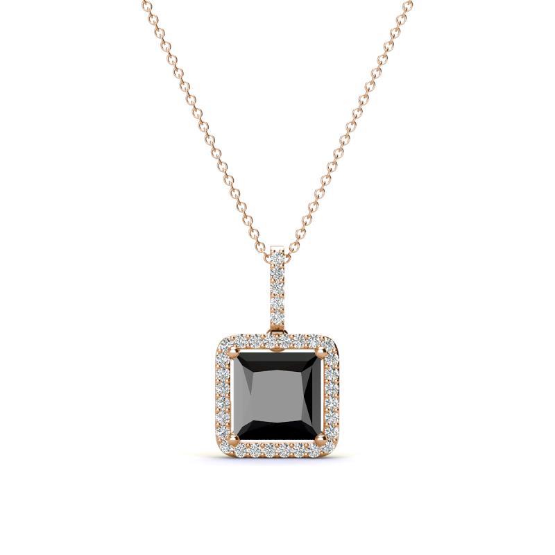 Charlene 6.50 mm Princess Cut Black Diamond and Round White Diamond Halo Pendant Necklace 