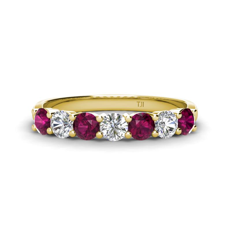 Kathleen 3.40 mm Round Rhodolite Garnet and Diamond 7 Stone Wedding Band 