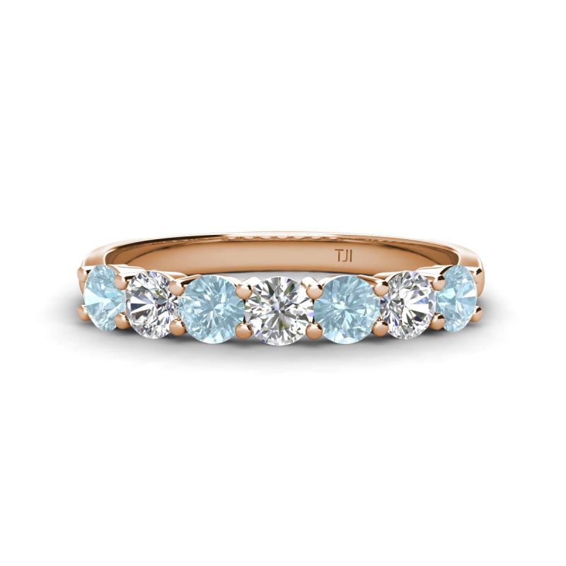 Kathleen 3.40 mm Round Aquamarine and Diamond 7 Stone Wedding Band 