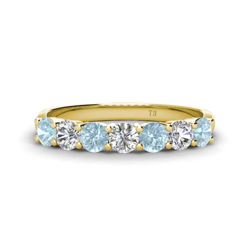 Kathleen 3.40 mm Round Aquamarine and Diamond 7 Stone Wedding Band 