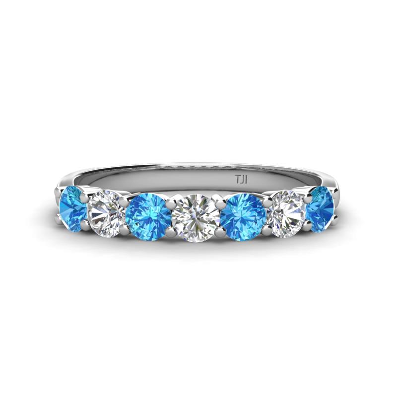 Kathleen 3.40 mm Round Blue Topaz and Diamond 7 Stone Wedding Band 