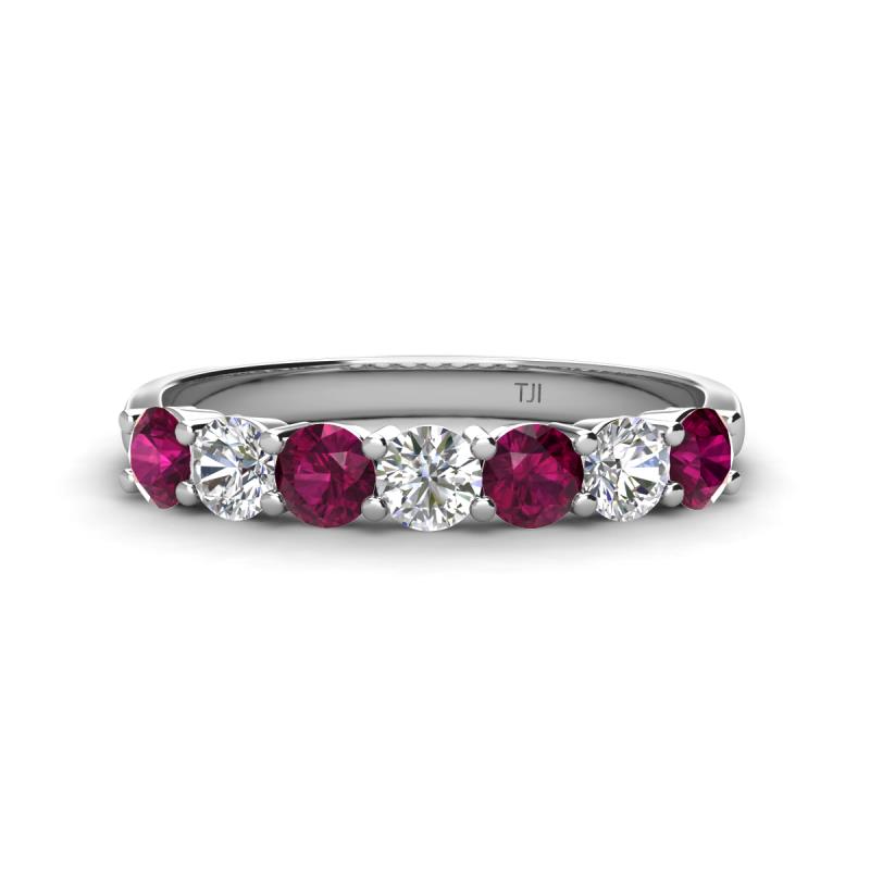 Kathleen 3.40 mm Round Rhodolite Garnet and Diamond 7 Stone Wedding Band 