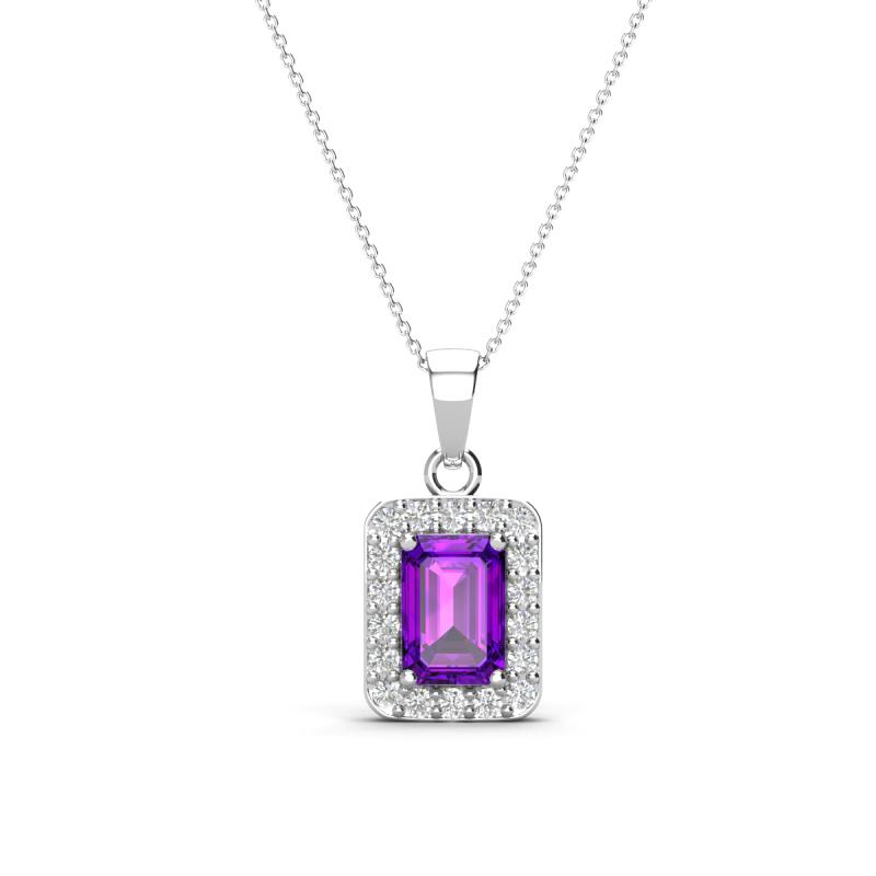 Everlee 6x4 mm Emerald Cut Amethyst and Round Diamond Halo Pendant Necklace 