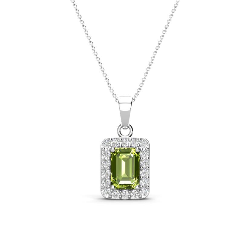 Everlee 6x4 mm Emerald Cut Peridot and Round Diamond Halo Pendant Necklace 