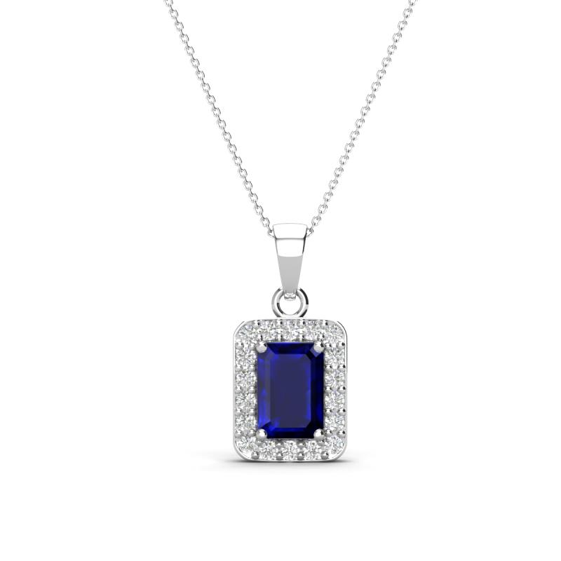 Everlee 6x4 mm Emerald Cut Blue Sapphire and Round Diamond Halo Pendant Necklace 