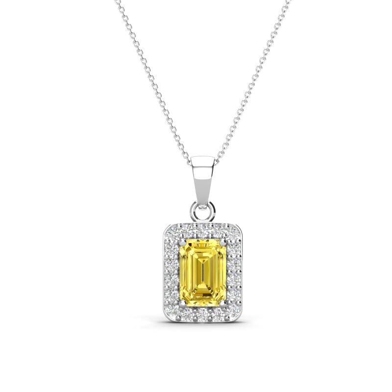 Everlee 6x4 mm Emerald Cut Yellow Sapphire and Round Diamond Halo Pendant Necklace 