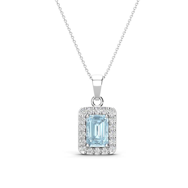 Everlee 6x4 mm Emerald Cut Aquamarine and Round Diamond Halo Pendant Necklace 