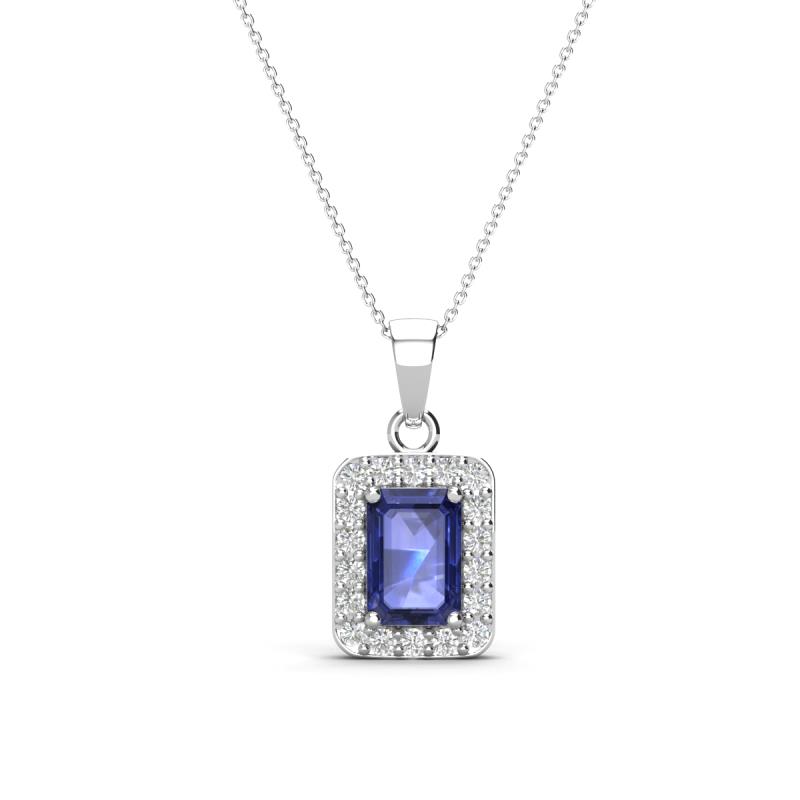 Everlee 6x4 mm Emerald Cut Iolite and Round Diamond Halo Pendant Necklace 