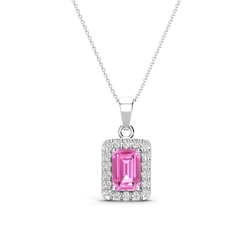 Everlee 6x4 mm Emerald Cut Pink Sapphire and Round Diamond Halo Pendant Necklace 
