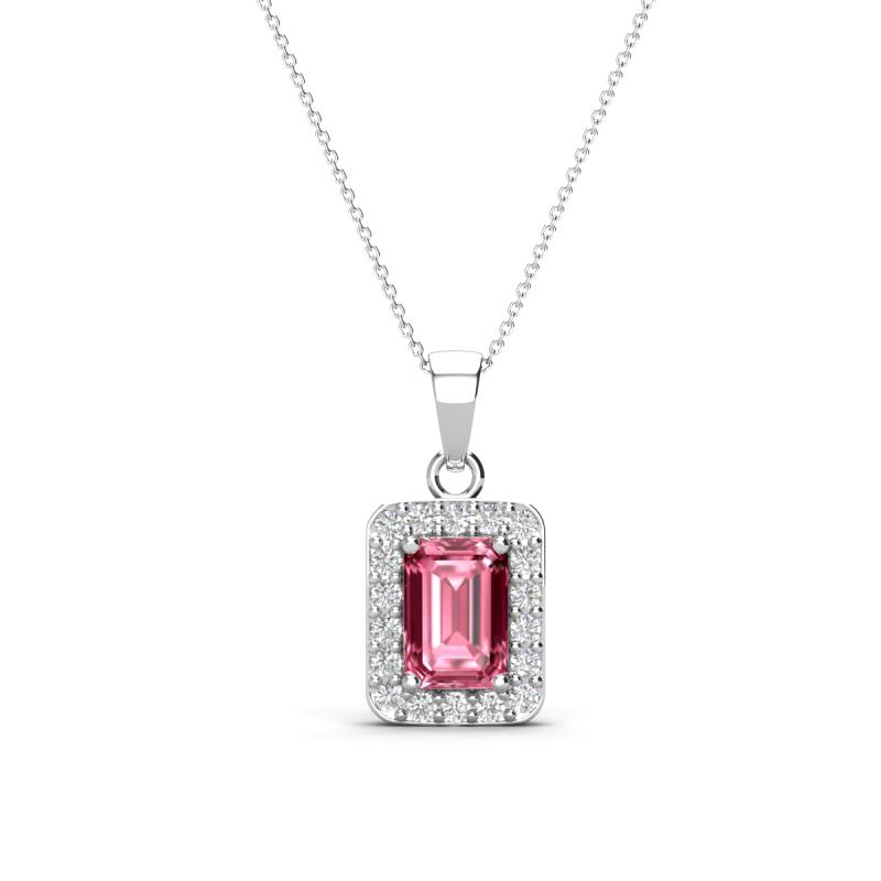 Everlee 6x4 mm Emerald Cut Pink Tourmaline and Round Diamond Halo Pendant Necklace 