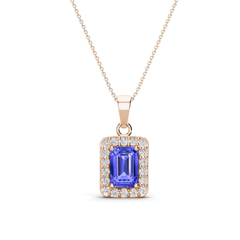 Everlee 6x4 mm Emerald Cut Tanzanite and Round Diamond Halo Pendant Necklace 
