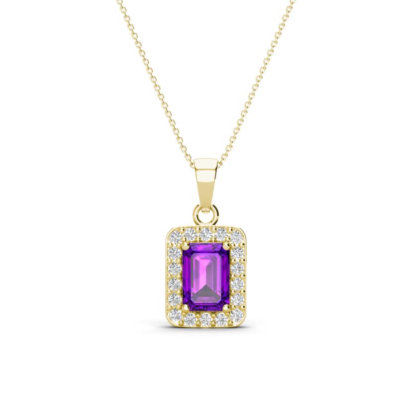 Everlee 6x4 mm Emerald Cut Amethyst and Round Diamond Halo Pendant Necklace 