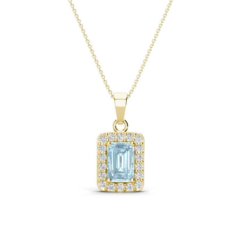 Everlee 6x4 mm Emerald Cut Aquamarine and Round Diamond Halo Pendant Necklace 