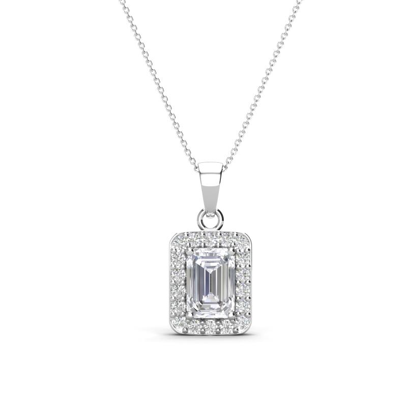 Everlee 6x4 mm Emerald Cut White Sapphire and Round Diamond Halo Pendant Necklace 