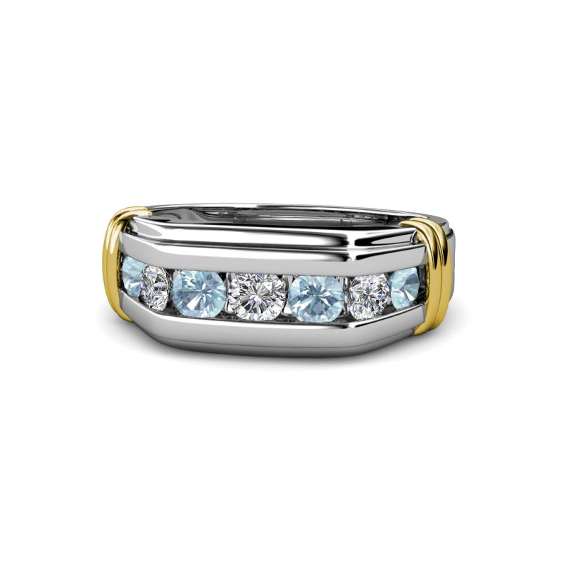 Brad Round Aquamarine and Lab Grown Diamond 7 Stone Men Wedding Ring 