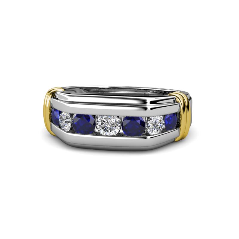 Brad Round Blue Sapphire and Lab Grown Diamond 7 Stone Men Wedding Ring 