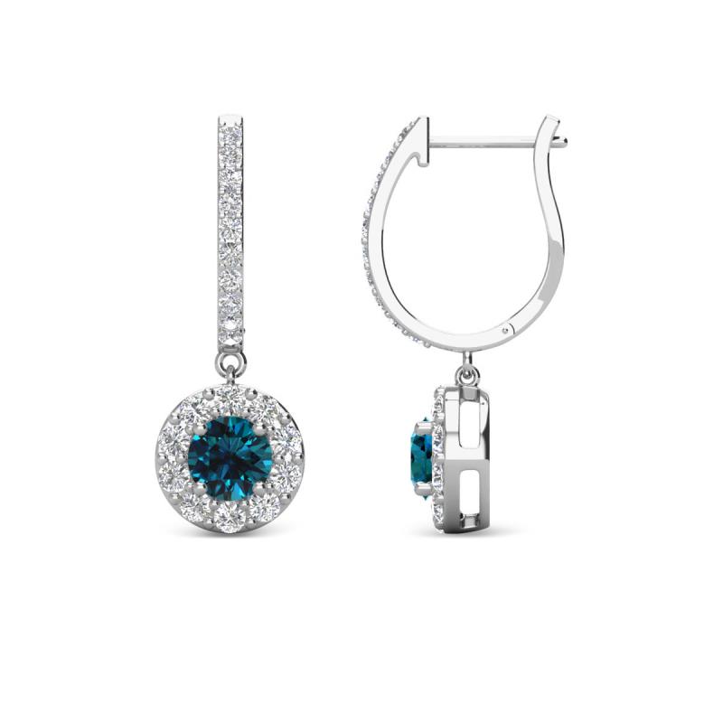Ilona (4mm) Round Blue and White Diamond Halo Dangling Earrings 