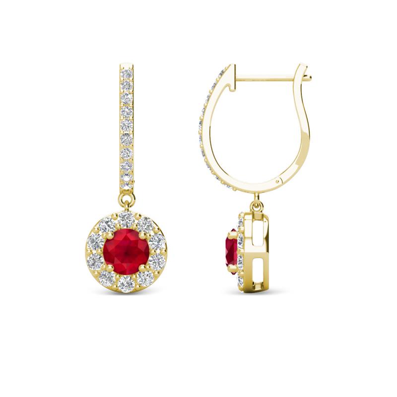 Ilona (4mm) Round Ruby and Diamond Halo Dangling Earrings 