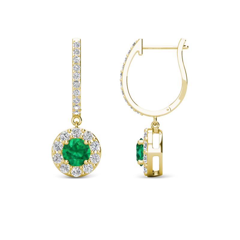 Ilona (4mm) Round Emerald and Diamond Halo Dangling Earrings 