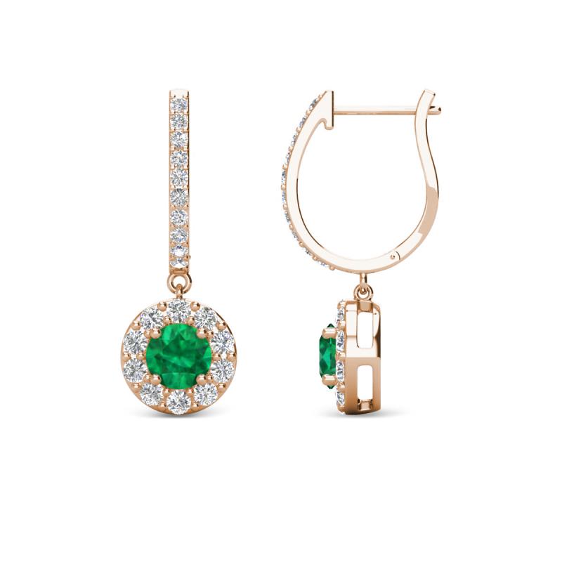 Ilona (4mm) Round Emerald and Diamond Halo Dangling Earrings 
