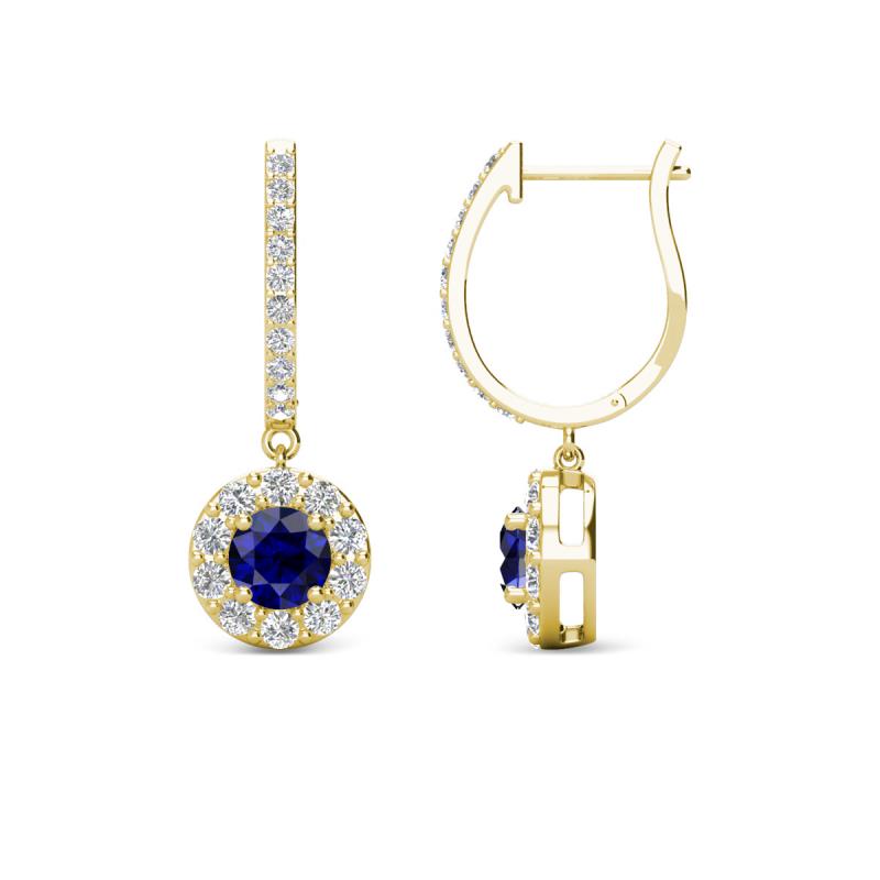 Ilona (4mm) Round Blue Sapphire and Diamond Halo Dangling Earrings 